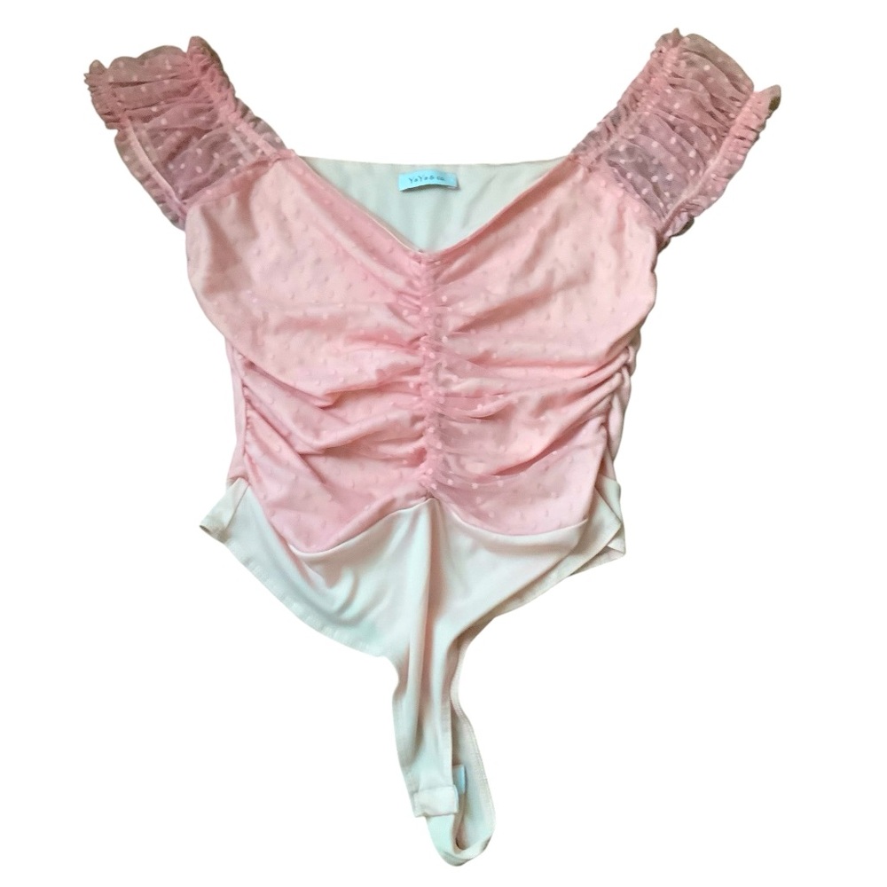 YA YA & CO. Pink Dot Short Sleeve Bodysuit Off Shoulder Women’s Size Medium